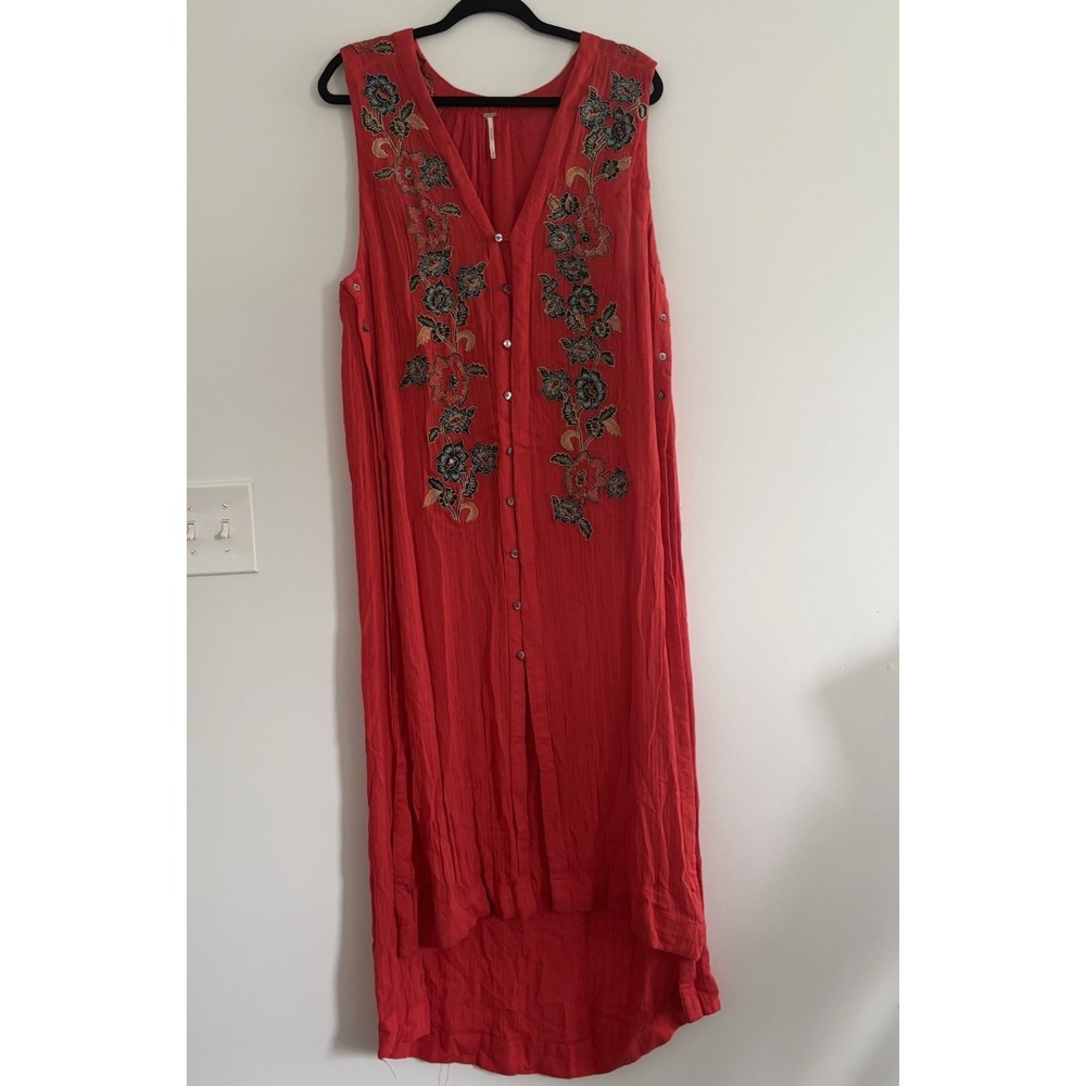 Free People Red Orange Embroidered Button Front Duster‎ dress SzM ResortBohoChic